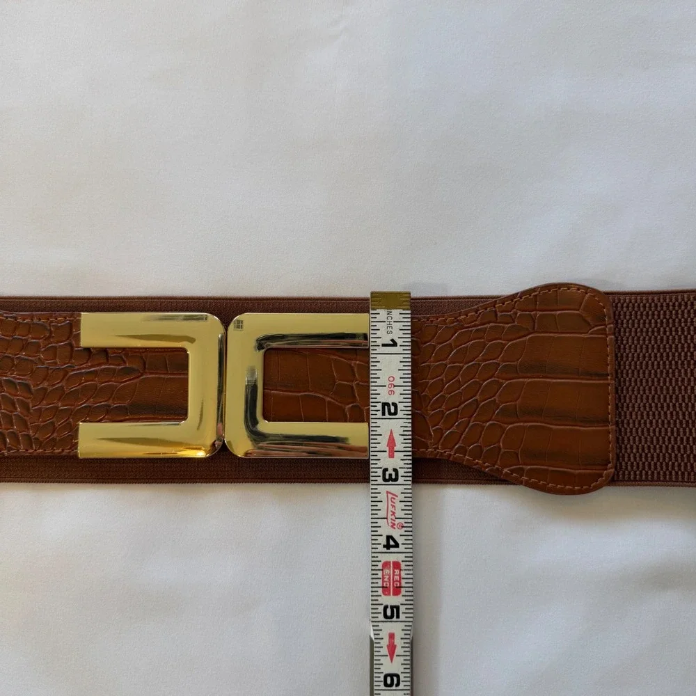Brown Elastic Cinch Belt‎ Gold Interlocking Buckle Faux Croc Wide 1X